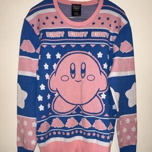 BoxLunch Kirby Pink/Blue Graphic Knit Crew Neck Pullover Sweater S Nintendo